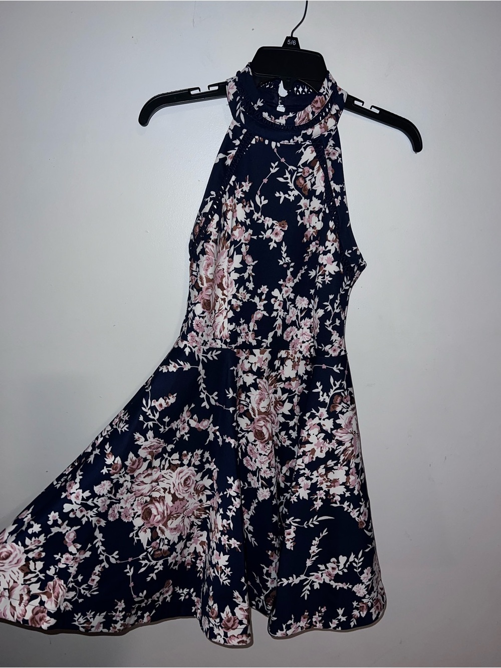 B Darlin Navy Halter Mini Dress with Blush Floral Print